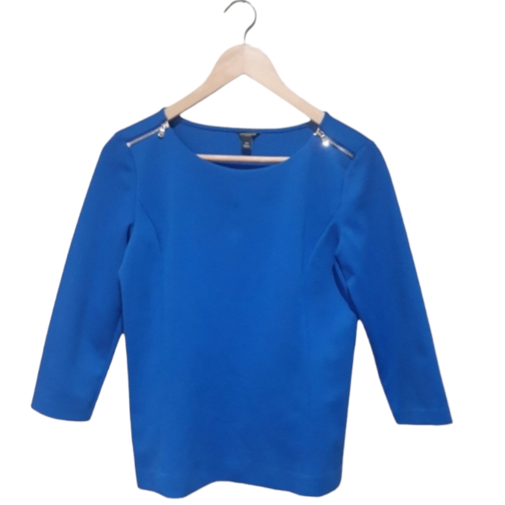 Ann Taylor Women's Size XS 3/4 Sleeve Structured Top with Zipper Detail in Blue